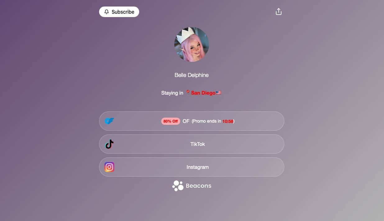 Profile page with a gradient background. At the top, there's a "Subscribe" button next to a circular profile image of a person. Below, it reads "Staying in San Diego" with an icon. Links to Twitter, TikTok, Instagram, and Beacons are displayed with icons.